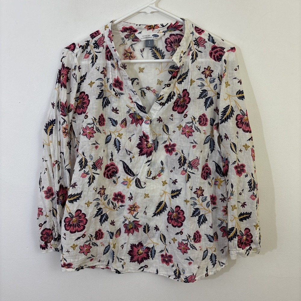 Old Navy S Linen Floral Top Garden Natural‎ Fiber White Pink Blue Boho Resort